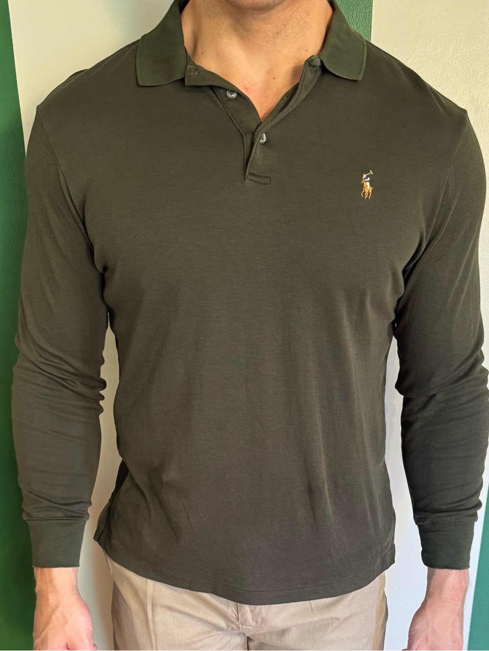 Ralph Lauren Long Sleeve Polo in Olive Green with Multicolor Pony